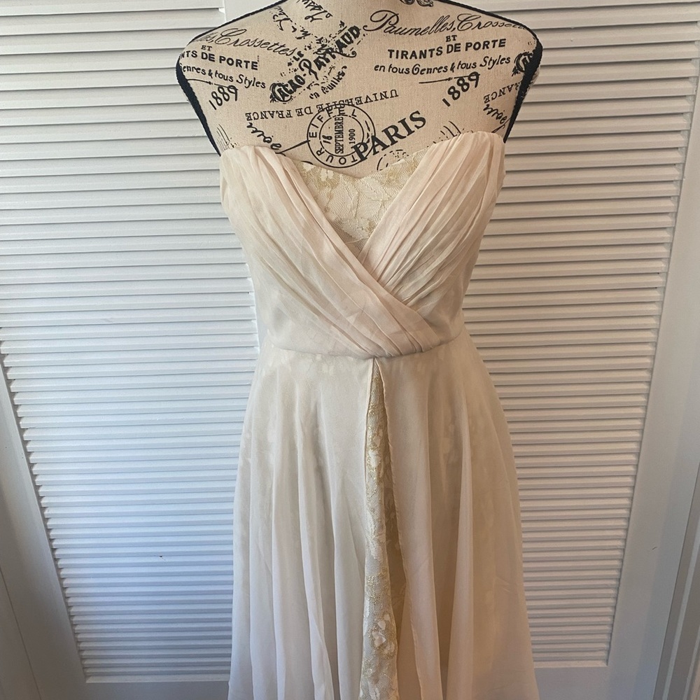 Flowy, high low, strapless dress. size L